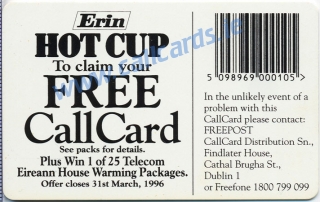 Erin Hot Cup 1995 Callcard (back) Erin Hot Cup 1995 Callcard (back)