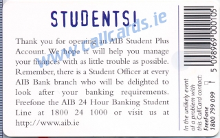 AIB Student Plus 1997 Callcard (back) AIB Student Plus 1997 Callcard (back)